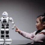 Best AI Tools for Teachers 2026: Boost Productivity A young girl engaging with a robotic toy, highlighting curiosity and innovation.