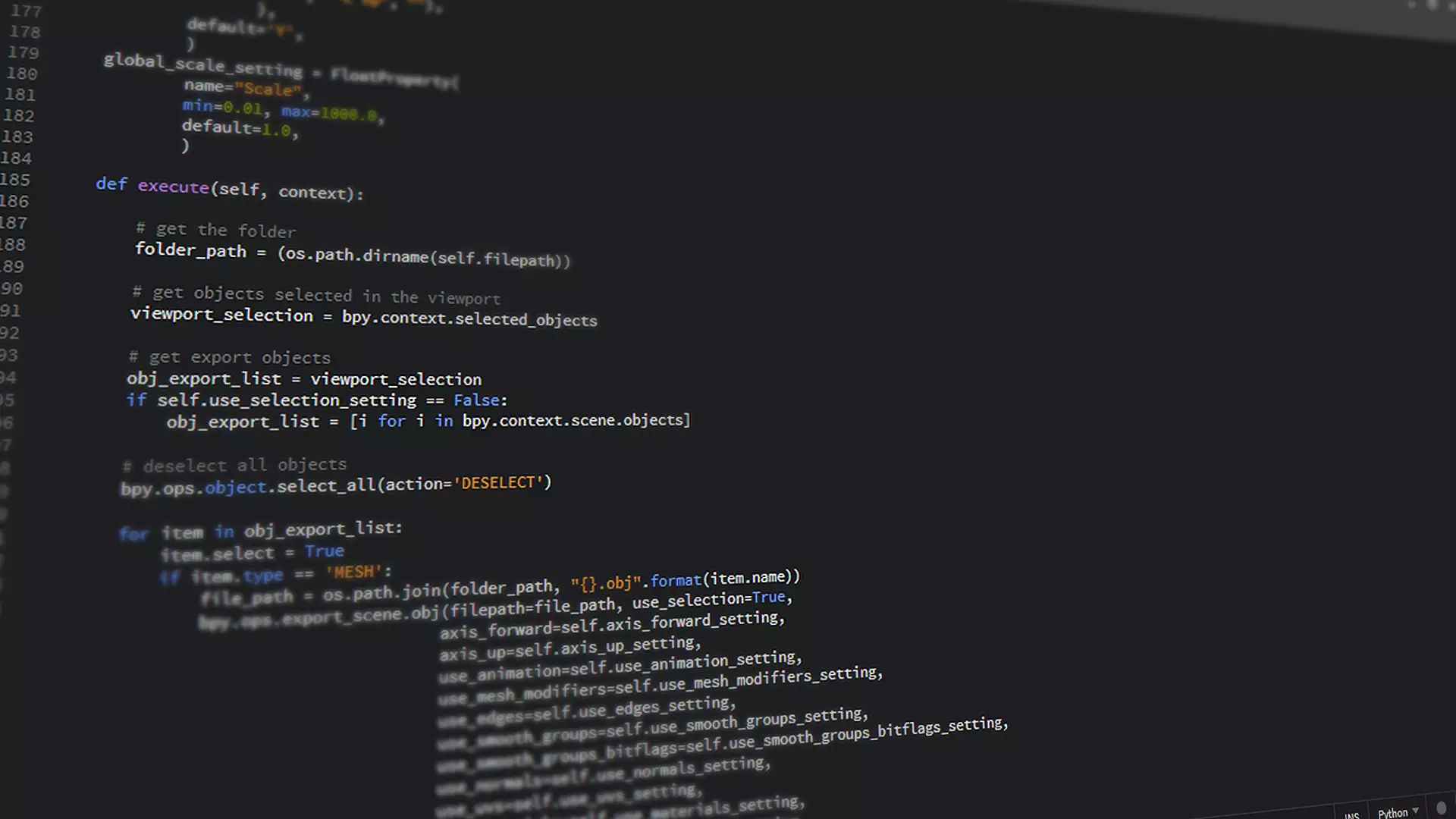 Close-up view of Python code on a computer screen, reflecting software development and programming.