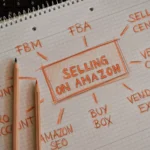 Notebook with handwritten Amazon selling strategy, showcasing business terms and concepts.